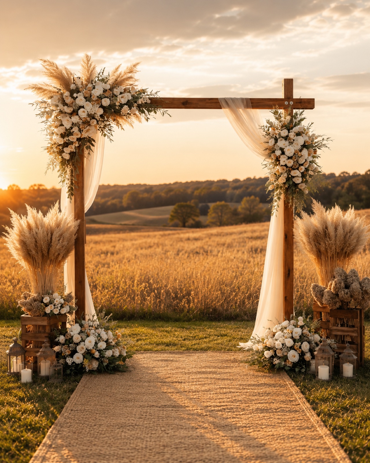 Gorgeous Wood cedar wedding arch in a Nebraska prairie field at golden hour