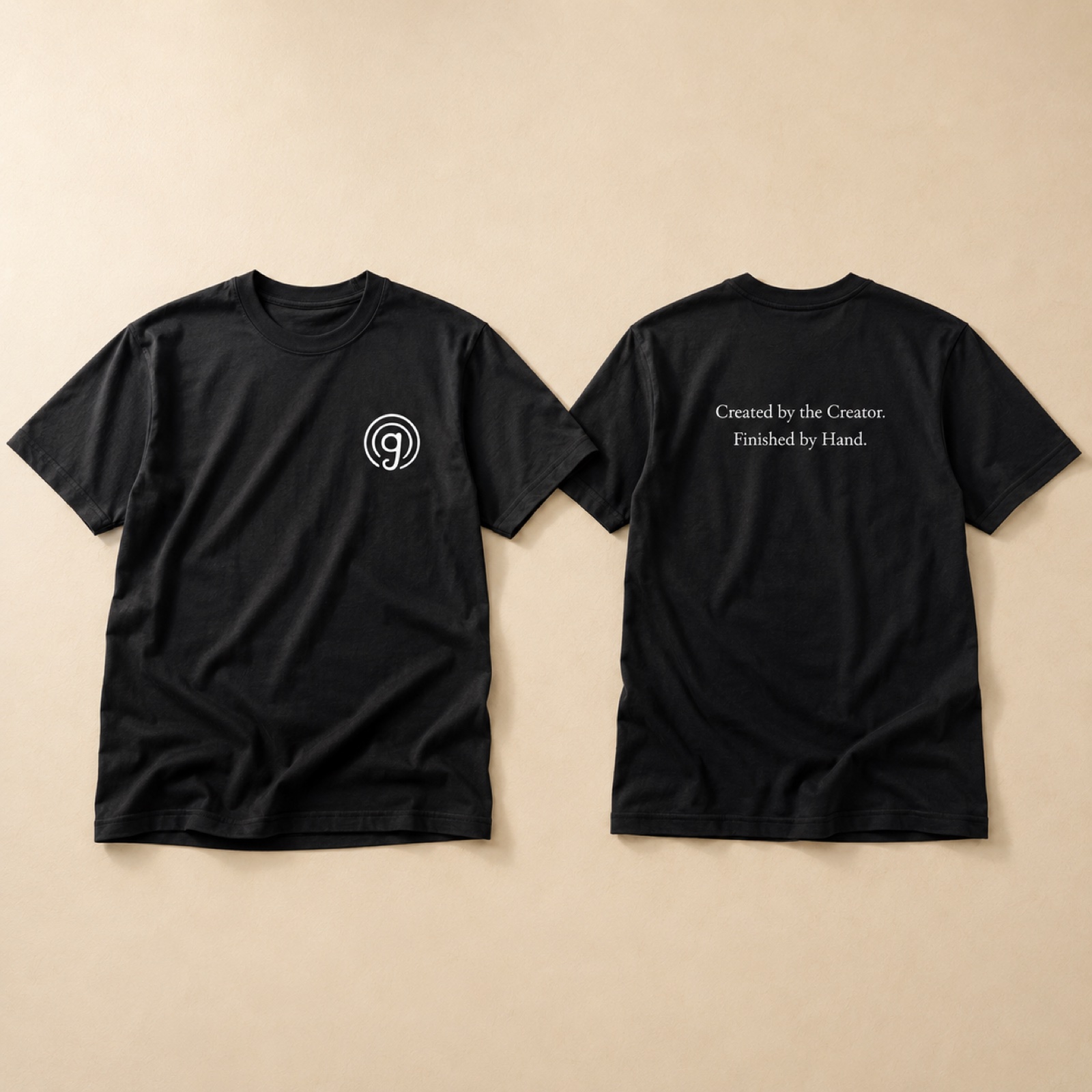 Black t-shirt front and back with white Gorgeous Wood mark and brand statement